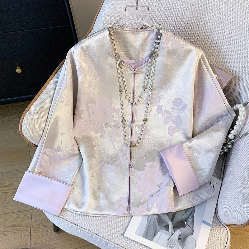 

2025 новый жаккардовый лоскутный костюм в китайском стиле с круглым воротником, атласный жаккардовый костюм с длинными рукавами в стиле ретро, улучшенный этнический костюм Тан, верхняя блузка t01