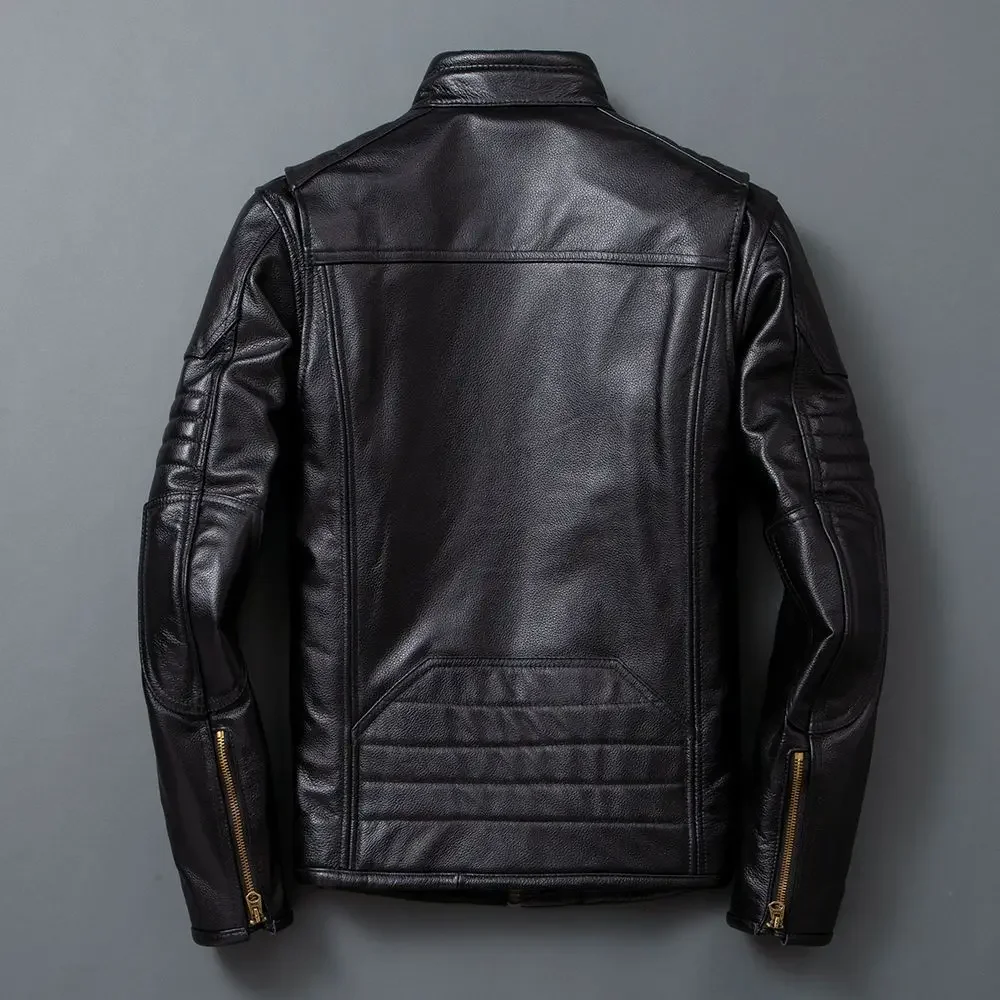 Top Layer Cowhide Leather Jacket For Men Short Motorcycle Coat Moto Cycling Suit Men's Genuine Leather Jacket Man Biker Jacket