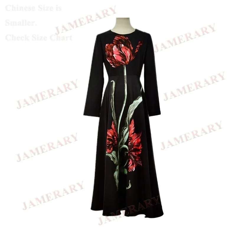 Elegant Autumn Winter Long Sleeve Maxi Floral Dresses Women Muslims Fashion Print Evening Prom Dress Lady Casual Midi Vestidos