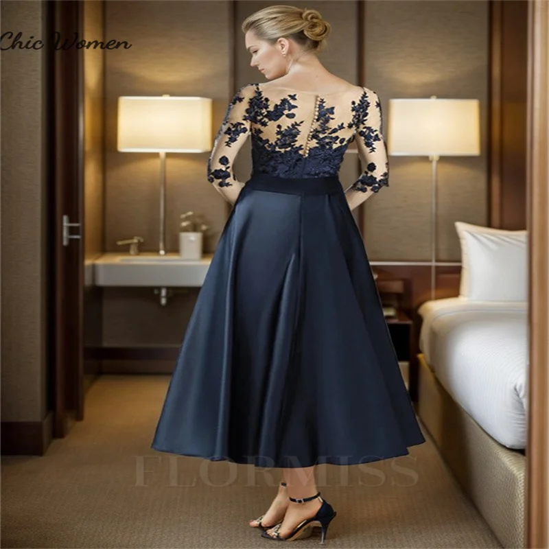 Robe de soirée mi-longue en satin bleu marine foncé pour mère de la mariée, longueur thé, demi-manches, dentelle, robe de soirée pour invité de mariage, personnalisée