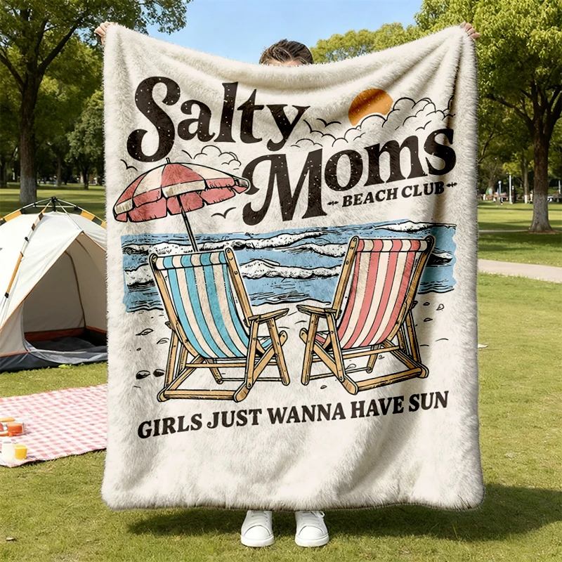 Salty Moms Beach Club Flannel Blanket, Retro Summer Mom Flannel Throw, Just Wanna Have Sun, Beach Vacation Gift