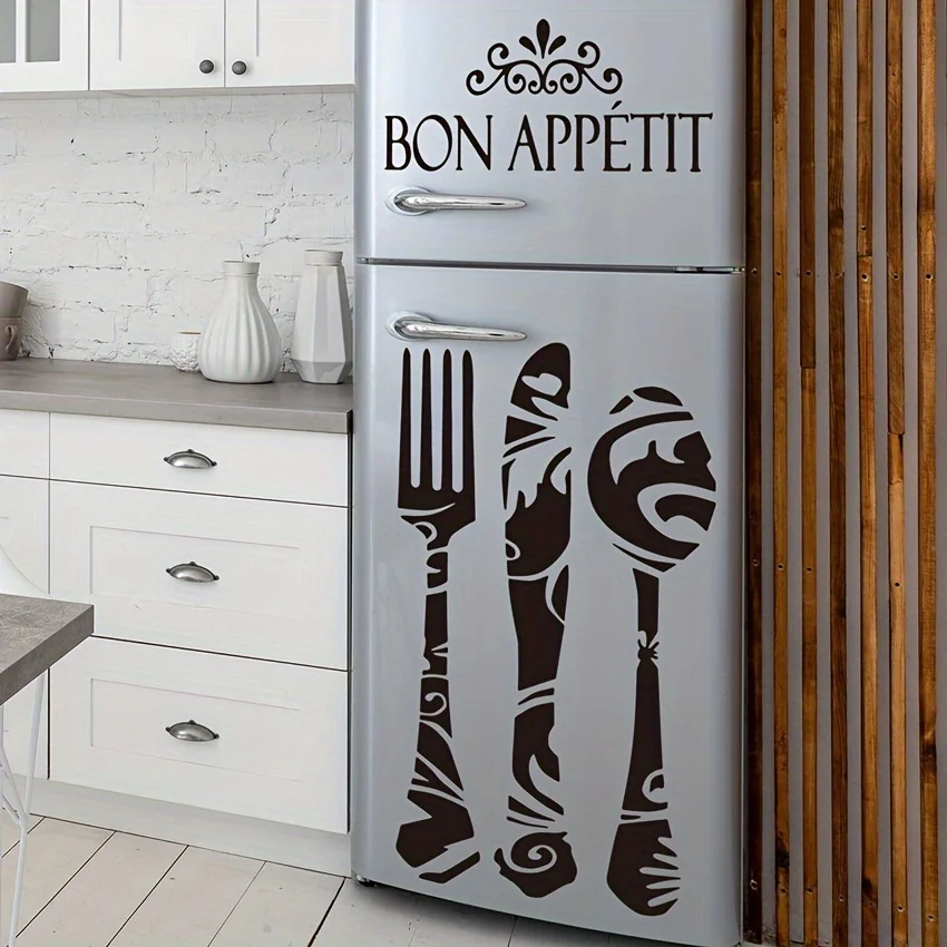 BON APPETIT-pegatinas para refrigerador de cocina, pegatina impermeable para pared de nevera, Mural artístico, papel tapiz DIY, cuchillo y tenedor, decoración del hogar