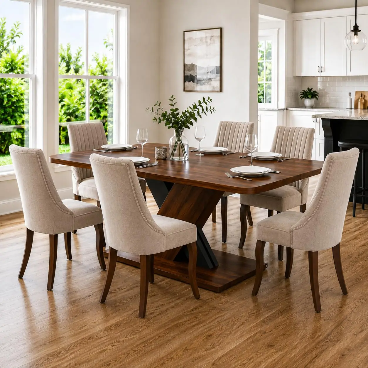 Extendable Dining Table Set for 6, Walnut Kitchen Table Set with 6 Chairs