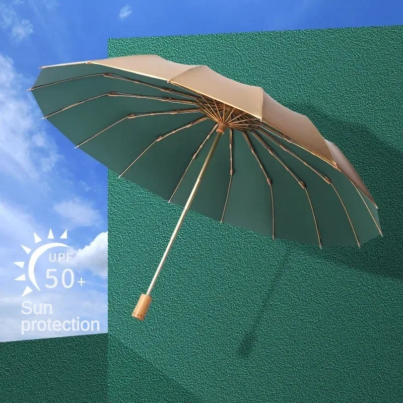 Gold Coating Sunshade Folding Umbrella for Women, Large 16 Bone, WindproofSunscreen, Sun UV Resistance,Sunny and Rainy Umbrellas