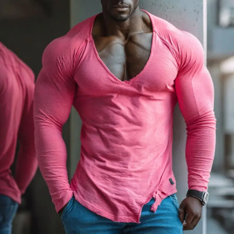 Men's Workout V-Neck T-Shirt,  Fitness Training Apparel, Fashion Distressed Ripped Craft on Cuffs and Hem,  Casual Outdoor view 5