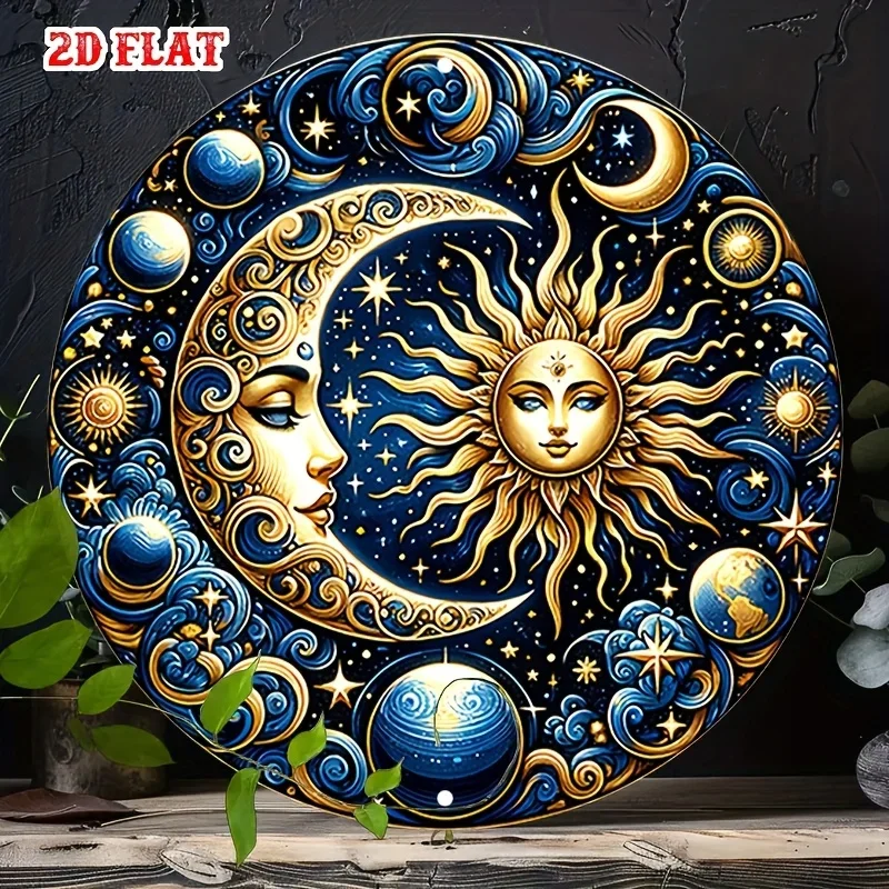 2D Flat 1pc Vintage Metal Sign, Celestial Sun and Moon in Cosmic Design iron Round Poster with Elegant Imagery