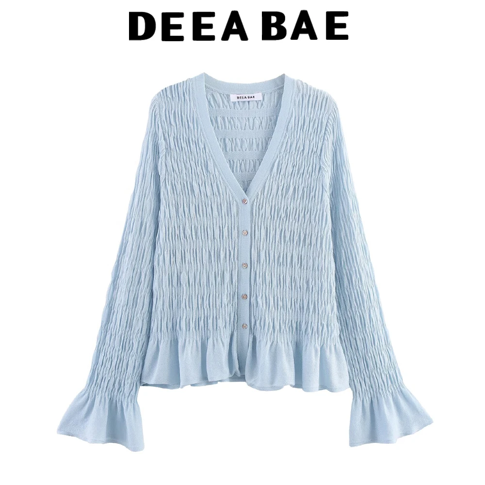 

DEEABAE 2025 осенняя новая женская одежда, милый и модный синий плиссированный вязаный кардиган с v-образным вырезом и длинными рукавами