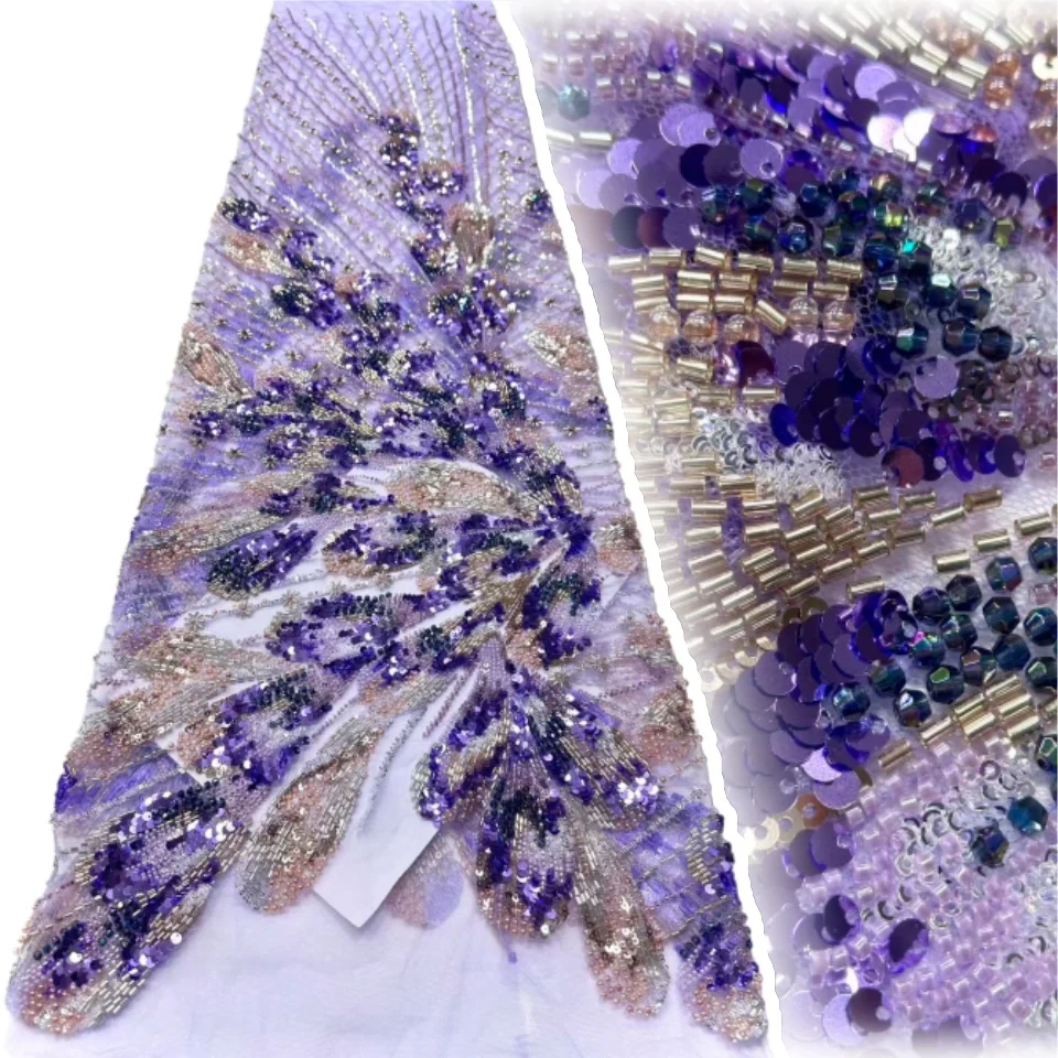 

Африканская сетчатая кружевная ткань ручной работы с тяжелыми бисером, 5 ярдов, роскошная французская кружевная ткань с блестками для шитья женского праздничного платья AH1425