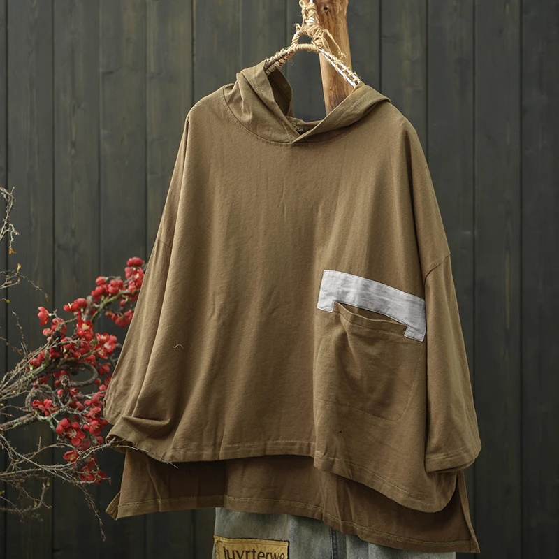 

Oversized Women Long Sleeve Hooded T-shirts New Arrival 2026 Spring Simple Style Solid Color Loose Female Cotton Tops Tees M2526