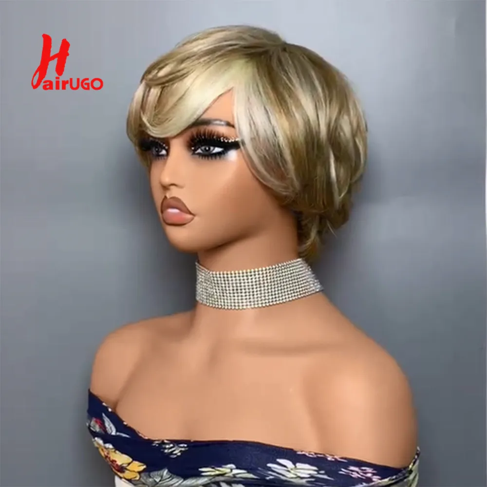 Highlight Blonde Pixie Cut Wigs Fringe Straight Human Hair Wigs Machine Made Human Hair Wigs With Bangs Hairugo Glueless Wigs