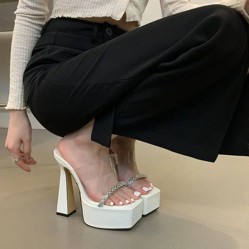 

5cm Ultra High Heel Nightclub Sexy Thi Heel Waterproof Platform Square Head Transparent Rhinestone Sandals Women's Slippers