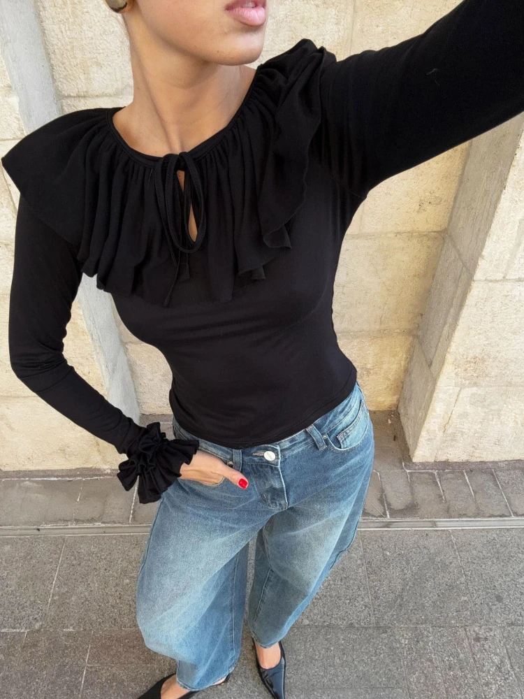 Women’s Hollow Out Round-Neck Flounce Crop Top - Y2K Style