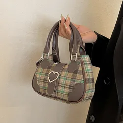 Womens Plaid Handbag Korean Fashion Satchel Sweet Cute Elegant Casual Shoulder Bag Autumn Winter Woolen College Girls Armpit Bag