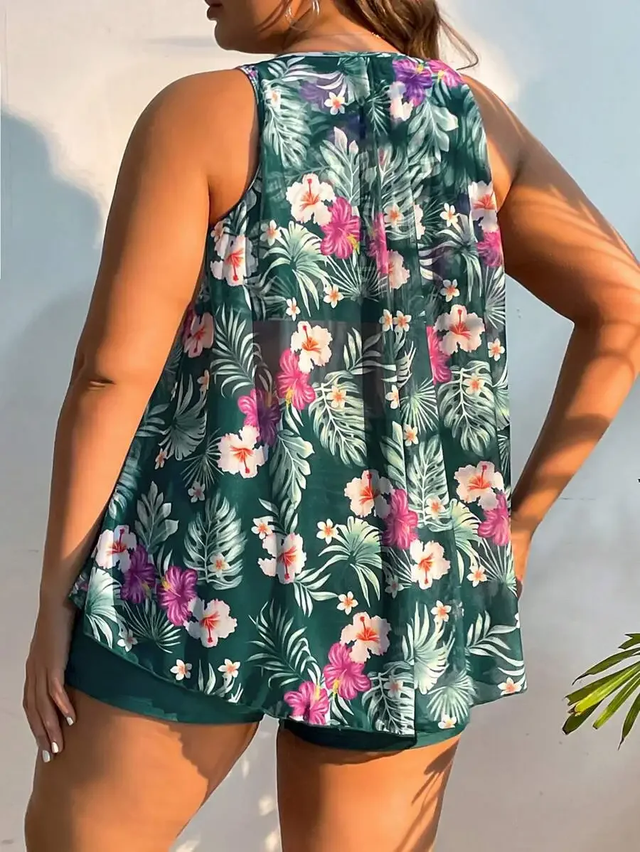 

Plus Size Tropical Print Tie Front Swim Dress For Women Summer Beach Cover Up