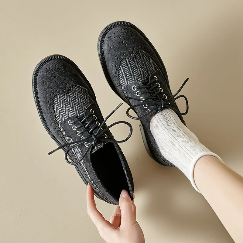 

2025 new spring autumn women pumps natural leather 22-24.5cm cow suede+sheepskin+pigskin lace up women shoes Barn style loafers