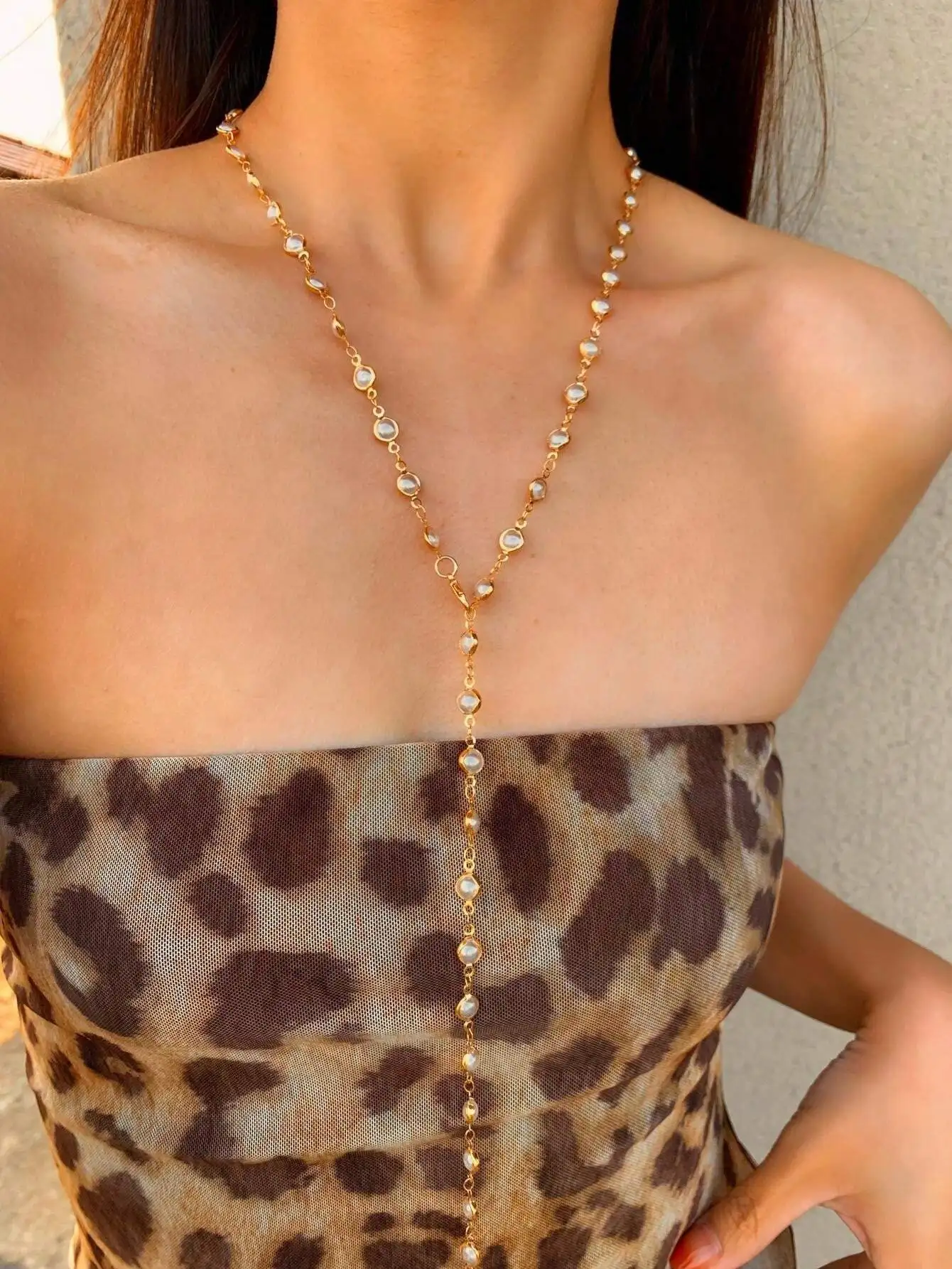 

Gold Faux Pearl Y-Shaped Long Necklace for Daily, Party, Vacation - Boho Elegant Minimalist Style