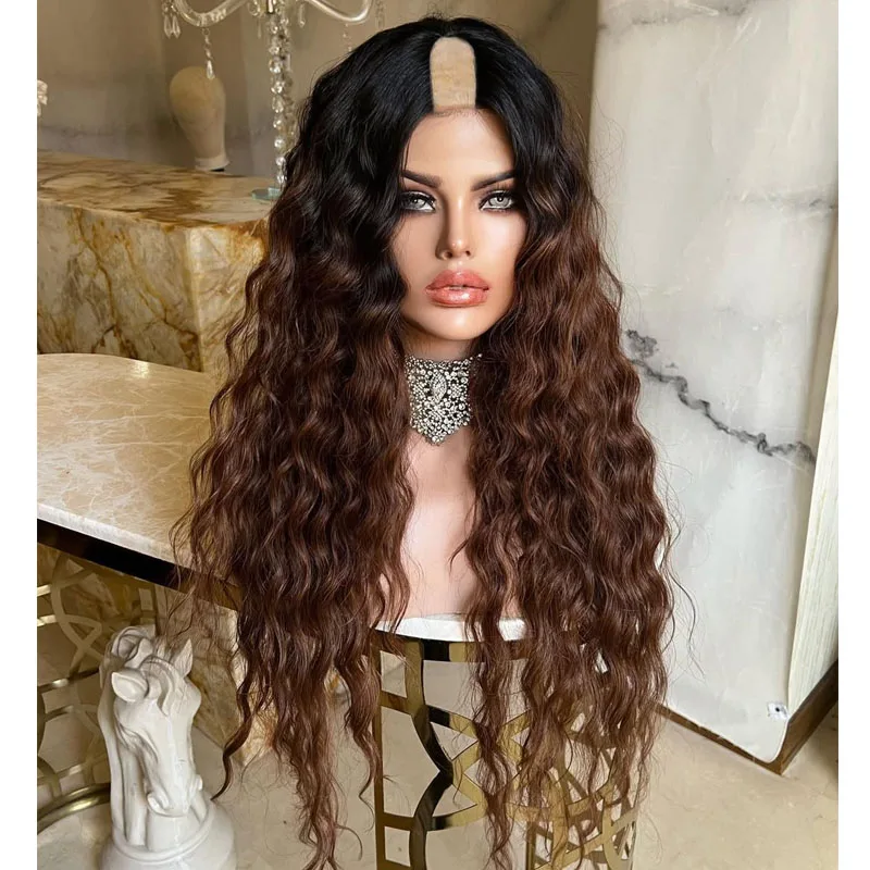 

Deep Water Curly Human Hair Black Women Full Machine Made 1x4 U Part Wigs with Clips Ombre Copper Brown Adjustable V Part Wigs