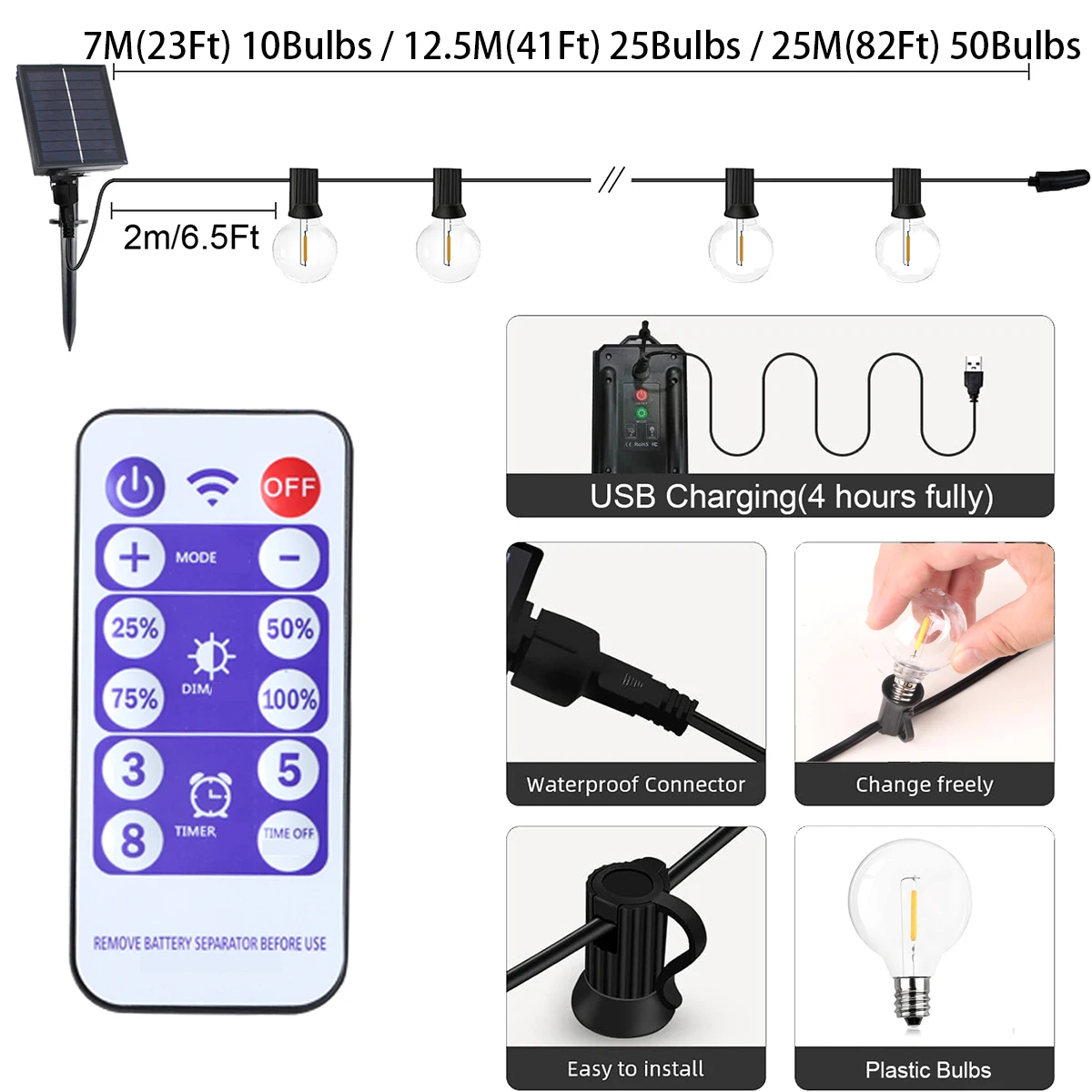 Festón Solar LED globo G40 cadena de luces Hada al aire libre para fiesta de Navidad jardín guirnalda decorativa lámpara calle Patio trasero
