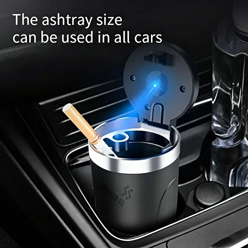 Car Ashtray with Lid Smell Proof, Car Cigarette Ashtray with Lid and Light, Stainless Metal Material, Easy To Clean for Most Car view 2