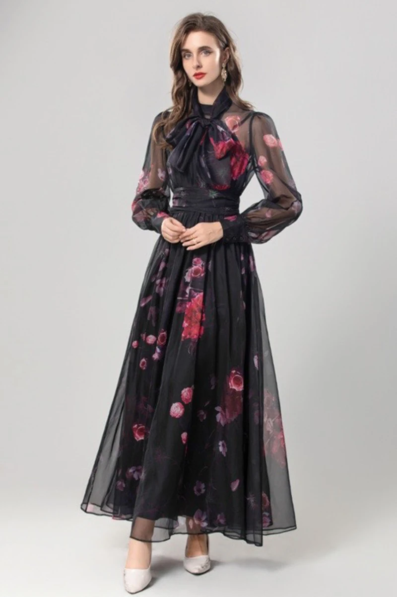 MIUXIMAO 2025 ชุดเดรสฤดูใบไม้ร่วงแฟชั่นชุดเดรสสีแดงดอกกุหลาบพิมพ์แขนยาวชุดยาวสีดำชุดยาวผู้หญิงโบว์