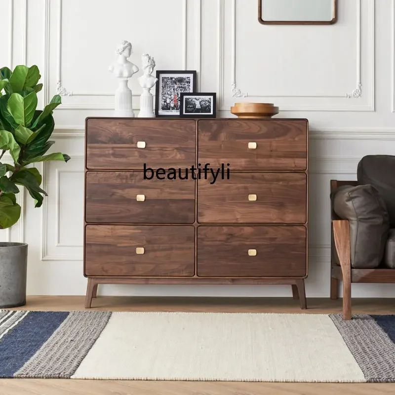 

C Black Walnut Solid Wood Chest of Six Drawers Bedroom Drawer Storage Cabinet