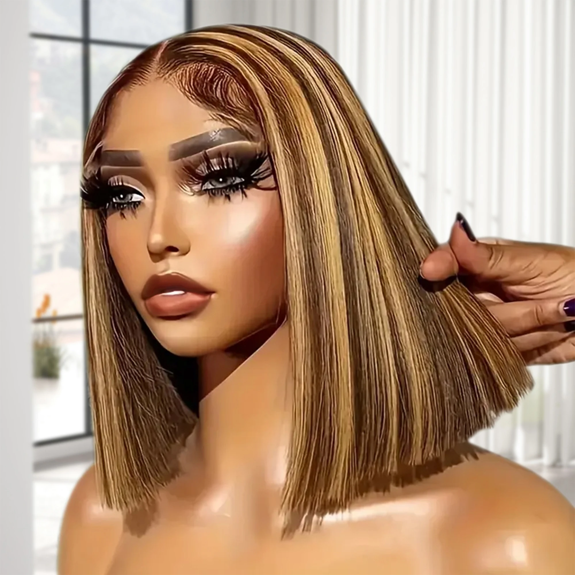 4/27 ハイライトボブウィッグ骨ストレートレースフロントウィッグ人毛オンブルブロンドピアノカラー 13 × 4 レースフロントボブウィッグ人毛