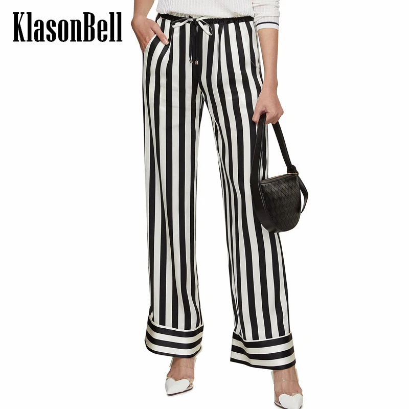 

5.31 KlasonBell Fashion Striped Acetate Smooth Silky Wide Leg Pants Drawstring Elastic Waist Temperament Trousers Women