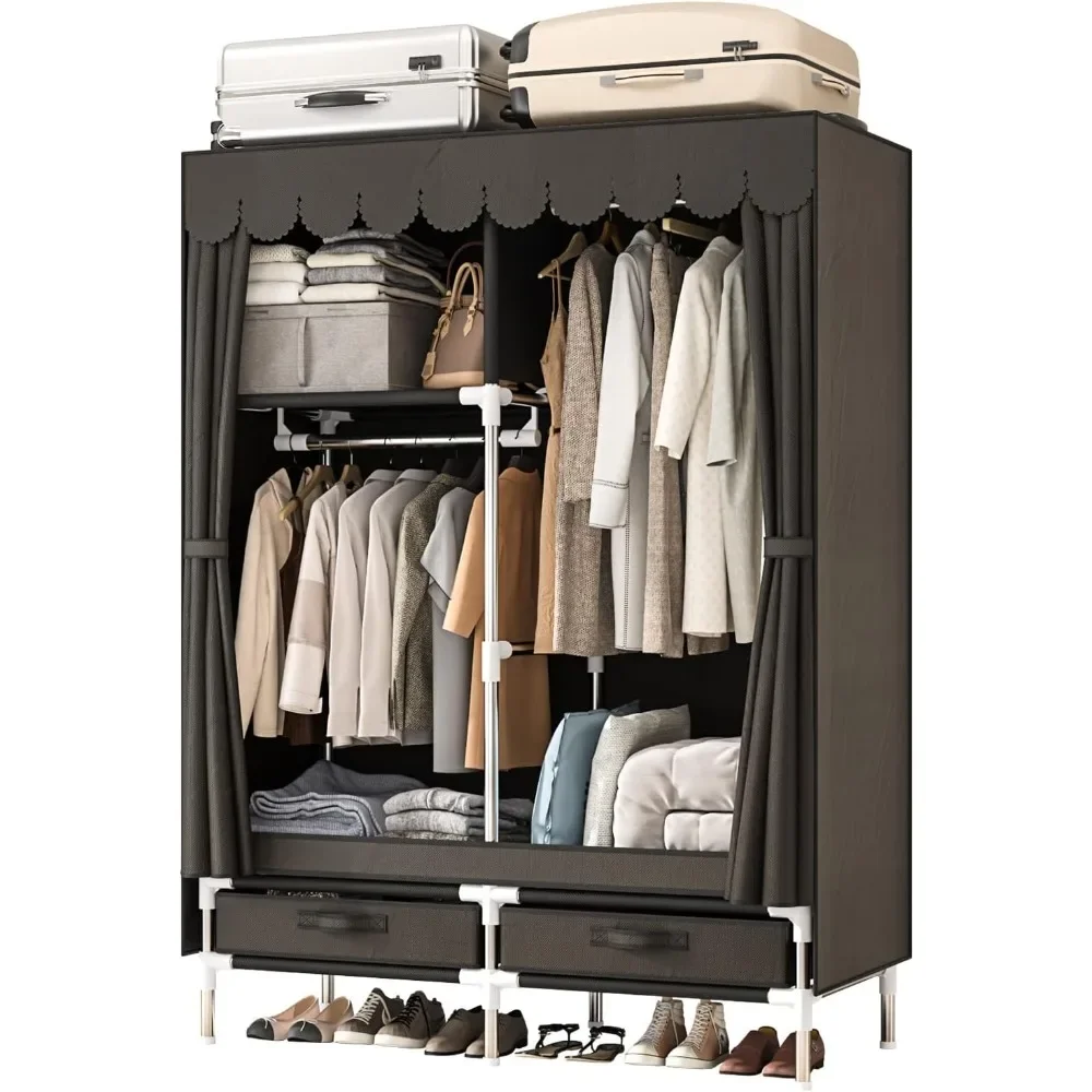 

Small Portable Cloth Wardrobe Closet for Hanging Clothes with 2 Drawers,Brown Armoire with 2 Hanging Rods,Clothes Rack Storage O