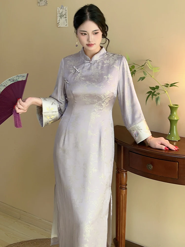 

Ele Purple Draped Maxi Dr Gentle Large Size Women New Chinese Sle High Waist Embroidered Cotton Breathable Long Sve