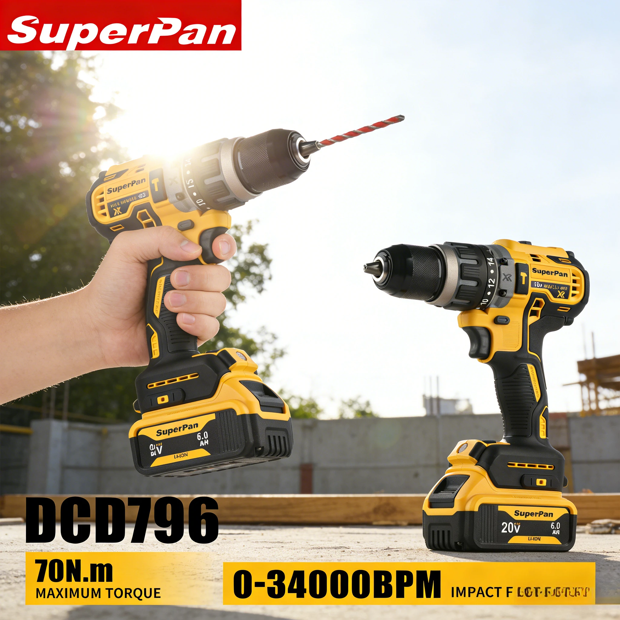 

SuperPan Torque Screwdriver DCD796 20V 70N.m 40/13/13mm Decoration Expansion Drilling Brushless For Dewalt 20V Battery Pin
