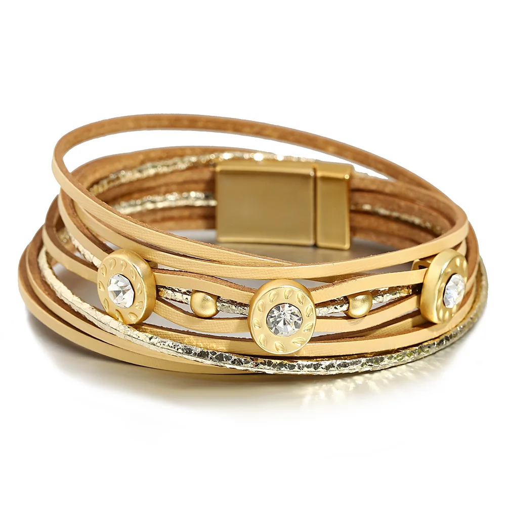 Allyes אופנה משובצת ריינסטון משובצת חרוזים מעור לנשים רב-שכבות רזה לעטוף קסם צמידים