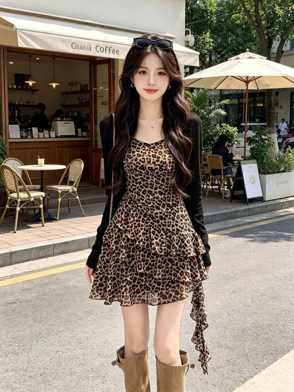

Stunning Leopard Print Women's Summer Fashion Thin Cardigan Strap Dress Two-Piece Set Beautiful Matching Full Set of Summer