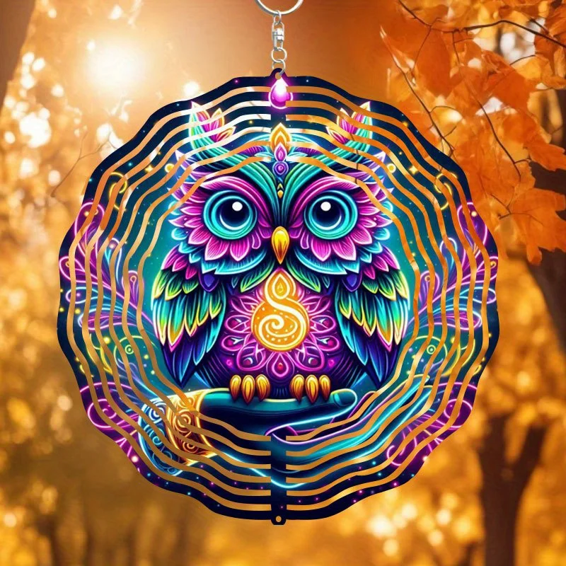 1pc Bohemian Metal Owl Wind Spinner Suncatcher Chime - Colorful Stained Glass-Style Garden Decor with Vibrant Feather Patterns