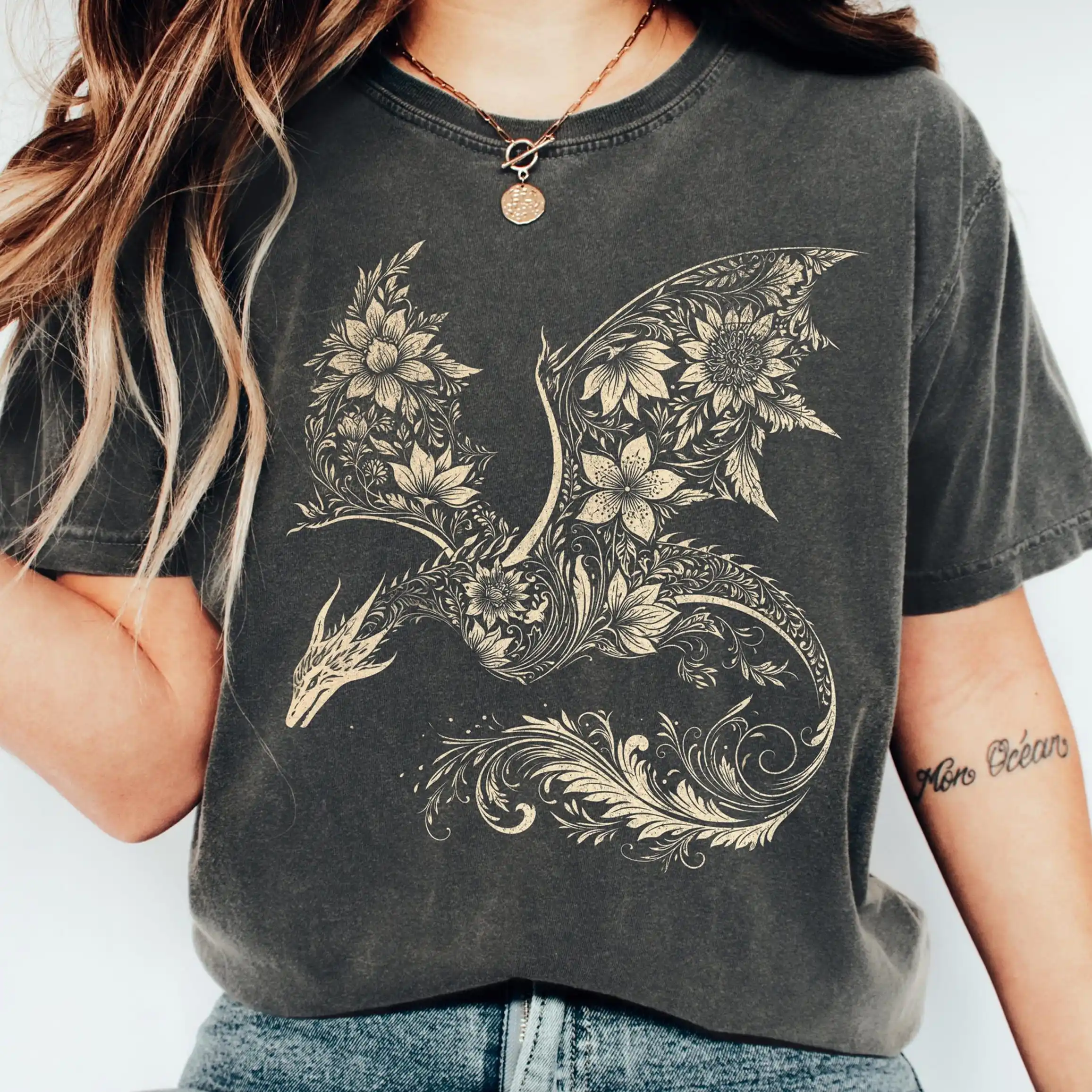 Dragon Shirt, Floral Dragon Graphic Tee, Cottagecore Fantasy Shirt, Botanical Dragon T-Shirt, Dark Academia Gift for Her