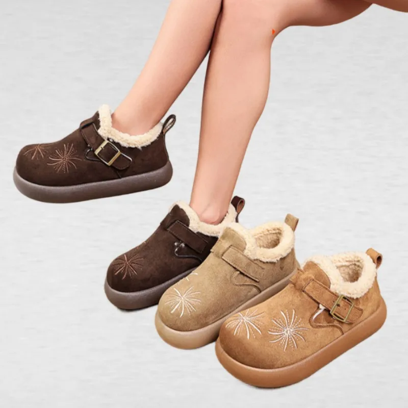 2026 Winter Plush Warm Snow Boots Cotton Shoes Girls Retro Embroidery Casual Thick Bottom Warm Fury Cotton Shoes Size 35-40