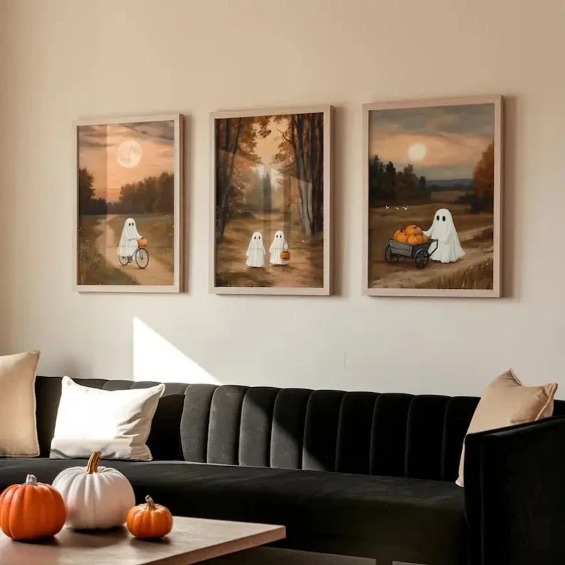 Cute Pumpkins and Ghosts Autumn Canvas Prints Couple Ghost Love Halloween Wall Art Posters for Modern Living Room and Home Decor