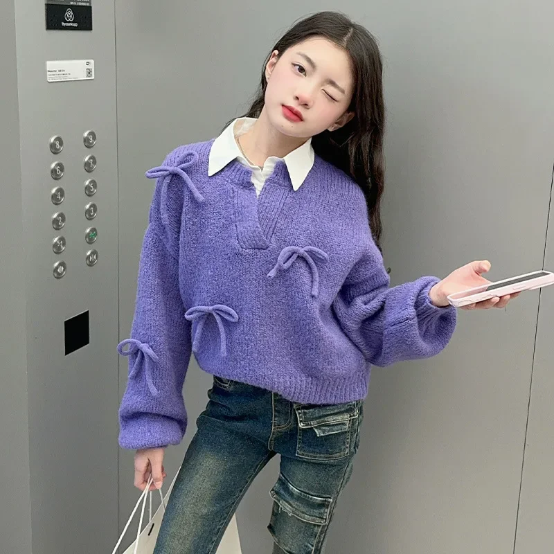 Girls' autumn and winter bow tie shirt collar sweater 2024 new girl's clothing knitwear lazy style top