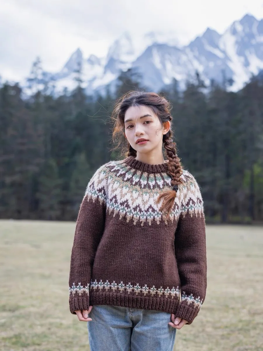 102-110cm Bust Autumn Winter Women Icelandic Fashion Vintage Handmade Knitted Thick Warm 100% Wool Pullover Jumper Sweaters