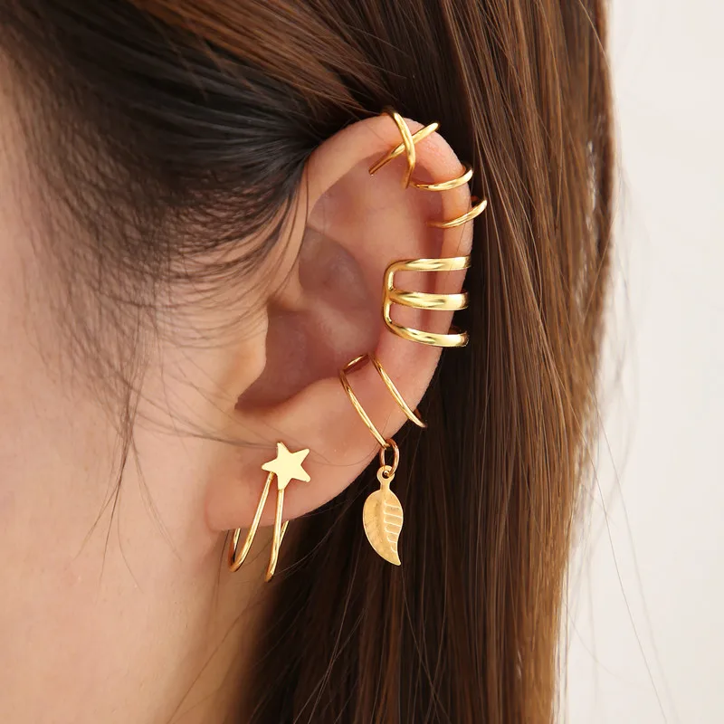 Gold Silver Color Leaves Ear Clip Cuff Stud Earrings Set Non-Piercing Earring for Women Men Fake Cartilage Trend Jewelry Gift