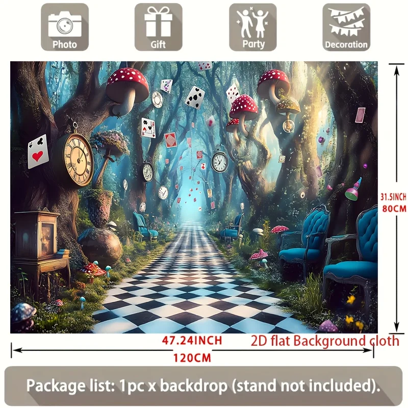 Fantasy Wonderland Scene With Playing Cards Mushrooms And Blue Chairs Art Print For Party Decor