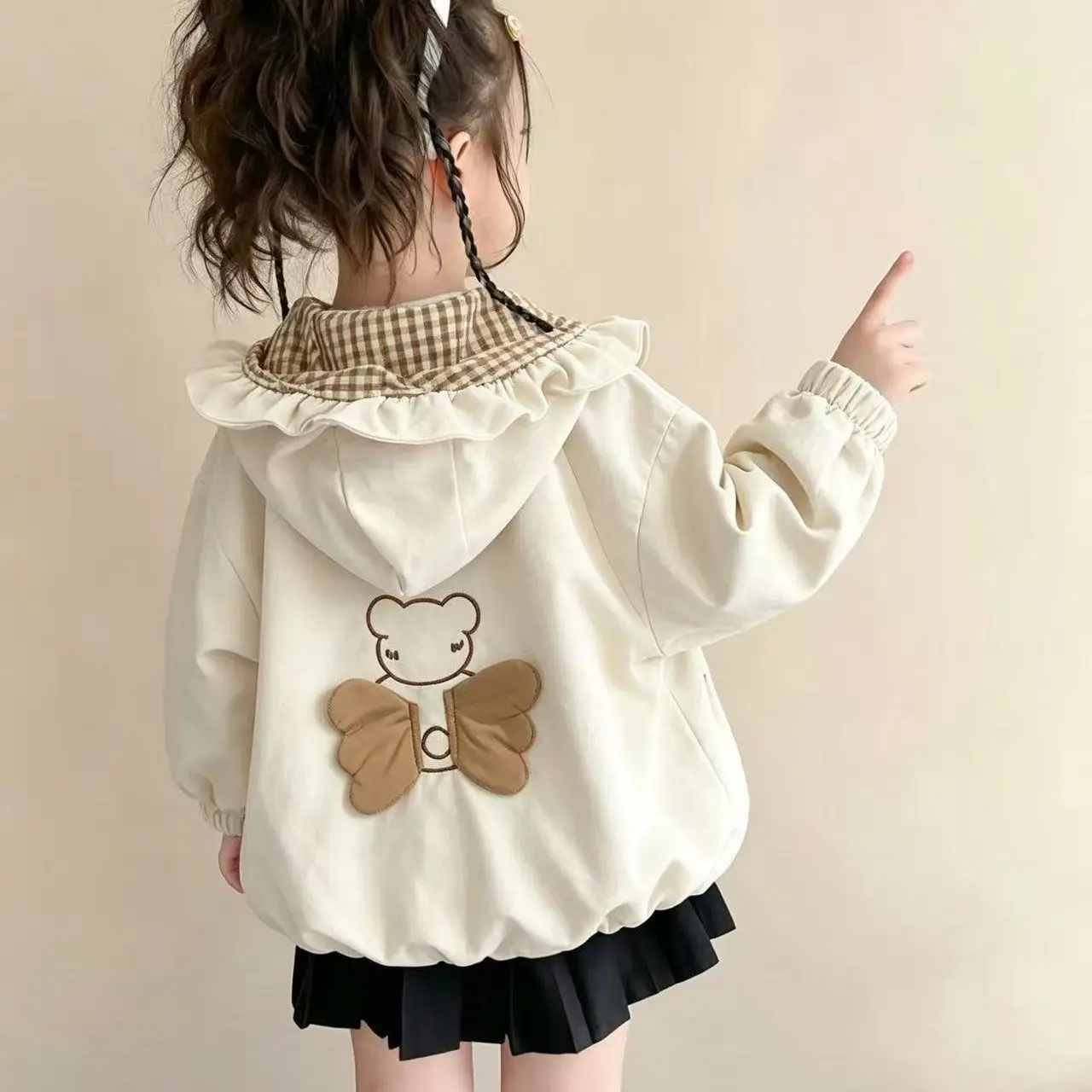 Girls Autumn Hooded Lotus Leaf Lace Hat Trench Coat Plaid Lining Loose Baby Foreign Jacket