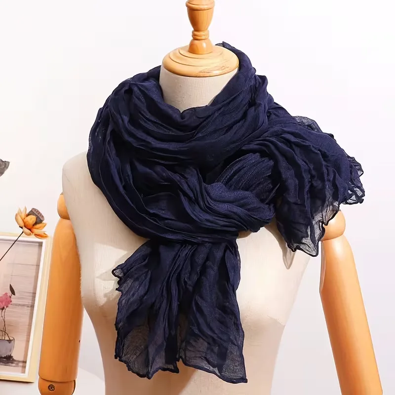 Wrinkled Solid Color Scarf for Women Vintage Style Spring Autumn Bali Yarn Shawl Outdoor Cover Up Wrap