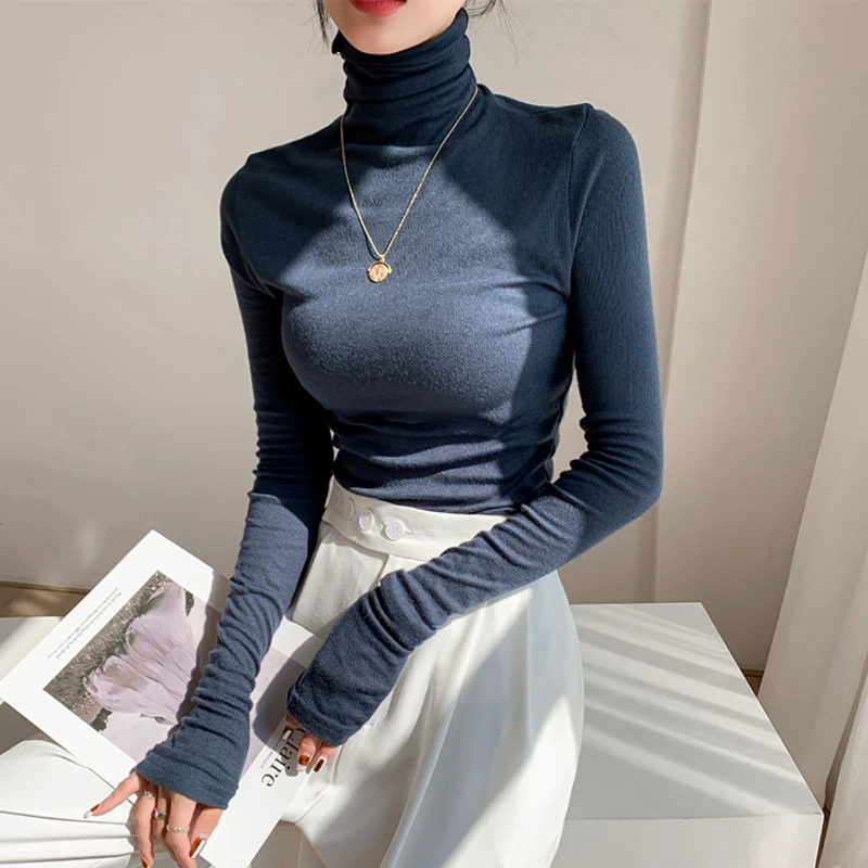 Turtleneck Long Sleeve Women T-shirts 2022 Autumn Winter Basic Base Shirt Woman Casual Slim Tee Shirts Female Tops