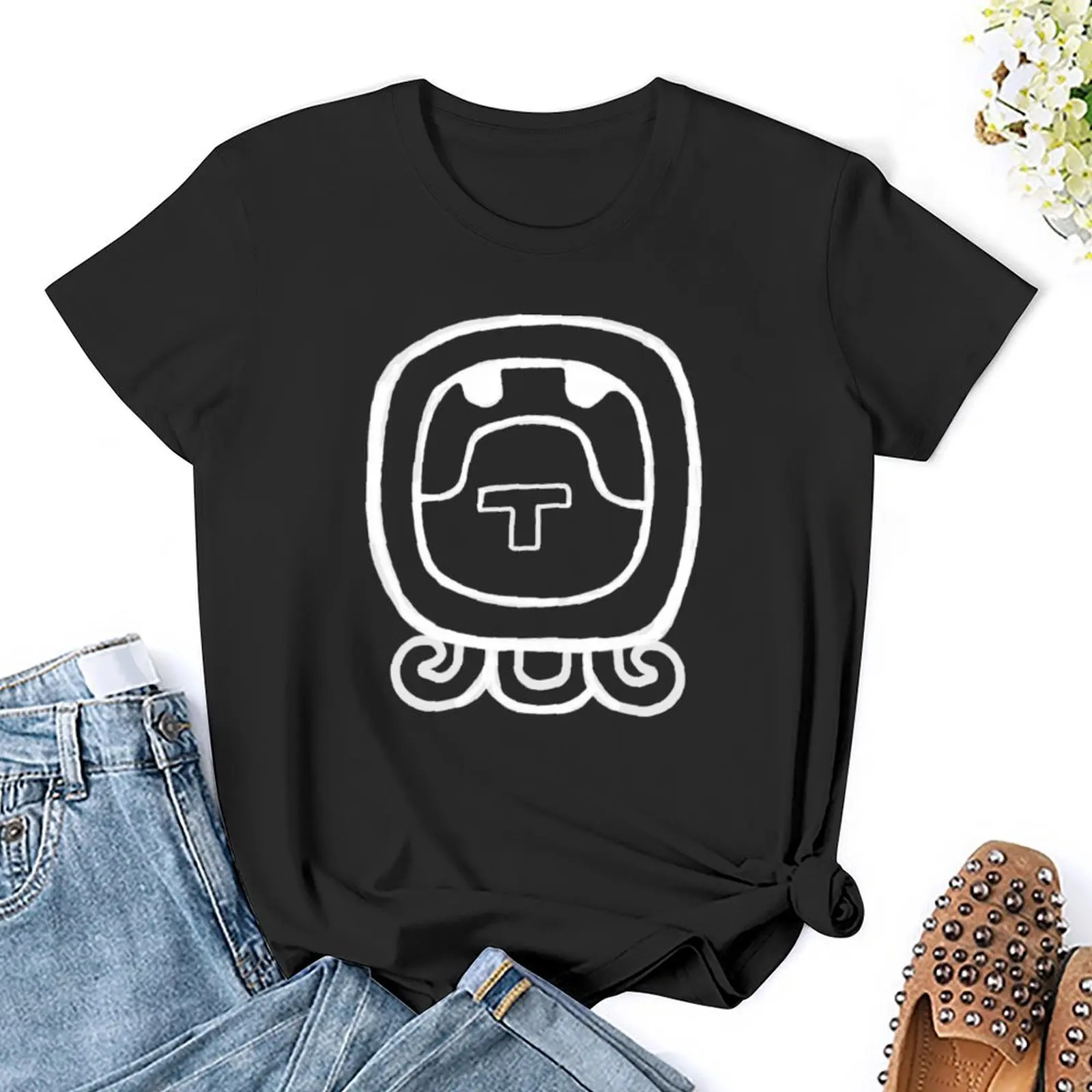 Ik' - Mayan Tzolk’in Calendar Glyph - Day 2 - Wind, Breath, WindGod White Print T-Shirt plain womans clothing