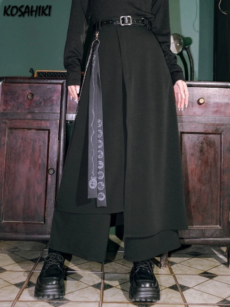 Pantalones falsos de dos piezas de retales irregulares, Pantalones de pierna ancha negros, ropa informal suelta, Pantalones rectos Y2k estéticos Vintage