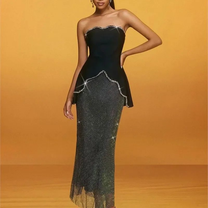 High-End Dinner Glamour Black-Diamond Strapless Backless Two-Piece Maxi Dress Fashion Party Galas Evening Gown