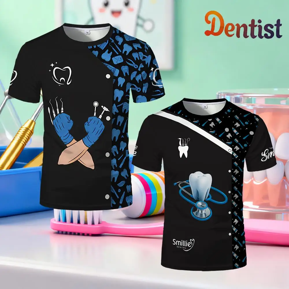 

Cute And Novel Tooth-patterned Crew Neck Short-sleeved Fun Dentist Role-playing T-shirts Fashionable Unisex Casual Loose Tops