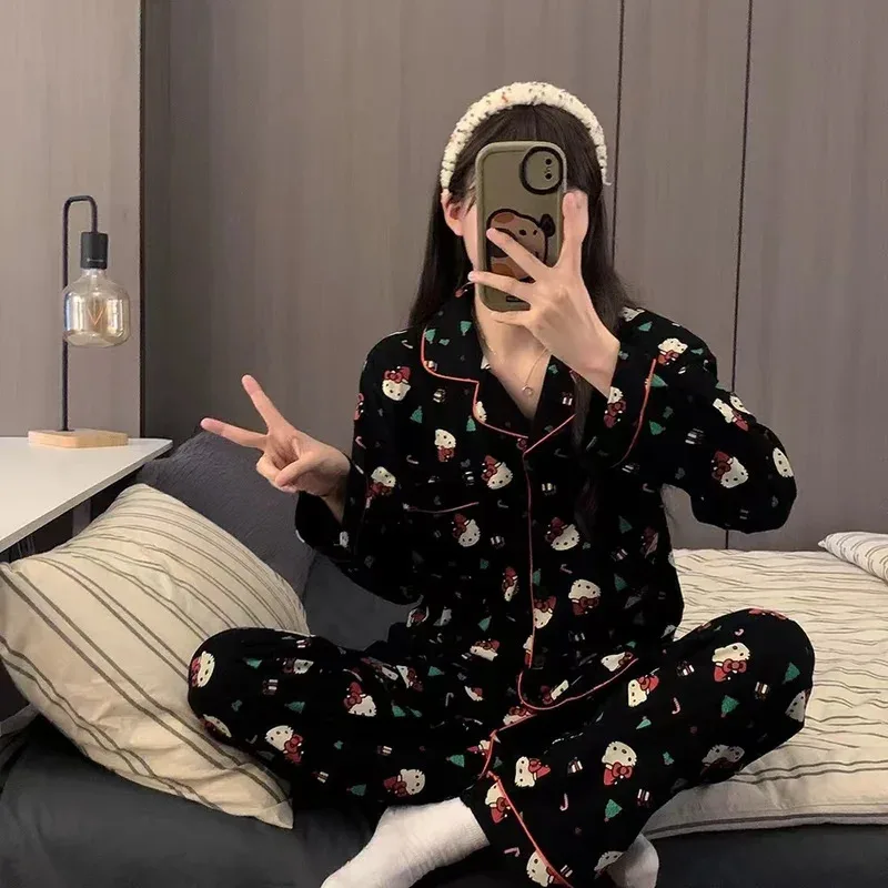 2 unids/set Navidad Hello Kitty conjunto de pijama Anime lindo mujer ropa de hogar pijamas casuales de dibujos animados pareja ropa de dormir ropa de descanso