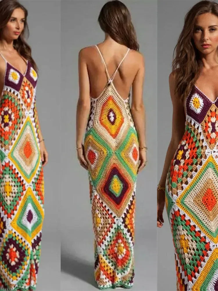 Ximina Hippie Boho Print Dresses For Women 2023 Vintage Plaid Contrast Color Sleeveless Maxi Dress Ladies Holiday Streetwear