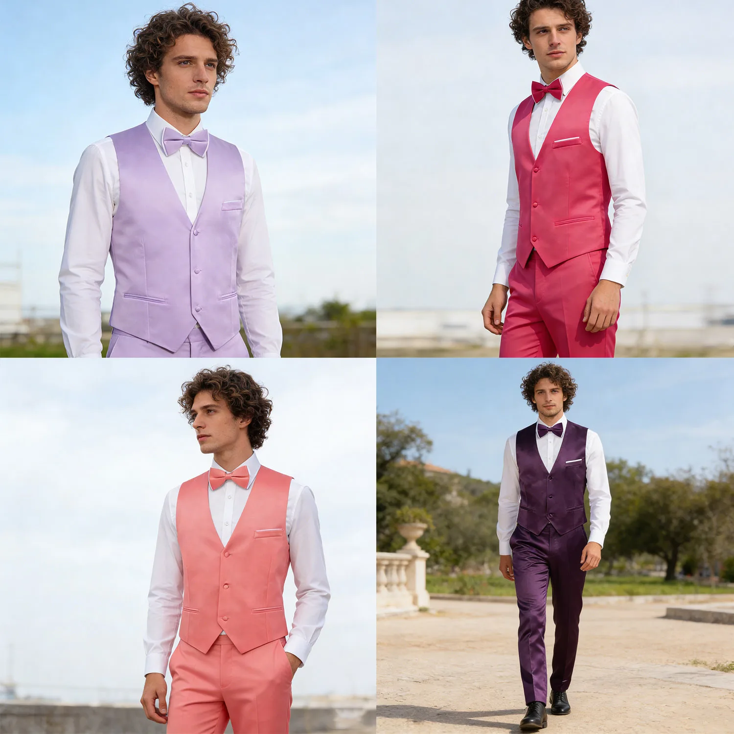 

Men's Vest V-Colla Waistcoat With Bowtie Hankie Cufflinks Necktie Fit Wedding Party Gift Office Daily